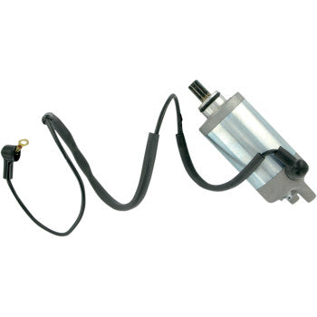 The Yamaha Starter Motor by Rick's Motorsport Electric features a cylindrical metal body, black electrical wire with ring terminal and connector, and a double-sealed ball bearing design for enhanced durability.