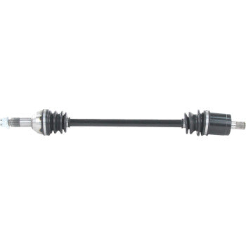 Black metal CV axle shaft with rubber accordion-style boots on both ends and silver metal joints for off-road vehicle.