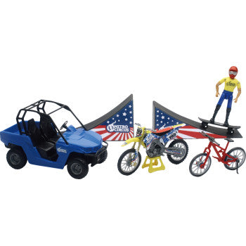 The Nitro Circus Playset 1:18 Scale Multicolor by New Ray Toys includes a blue UTV, yellow motocross bike, red BMX bike, and a helmeted figure with a star-and-stripes ramp—ideal for race team replica fun!.