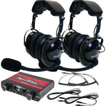 Two Navatlas Communication System Over the Head Headsets in black, featuring noise cancellation and voice-activated boom mics, an intercom control box, and multiple connecting cables are displayed on a white background.