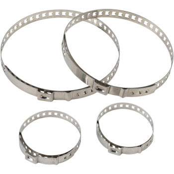 Set of four stainless steel CV boot clamps in two large and two small sizes with perforated bands and adjustable locking.
