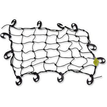 The Erickson Cargo Net Black 28 x 28 features multiple interwoven elastic cords and twelve plastic hooks for secure transport, plus a small yellow tag on one side demonstrating its practicality among cargo nets.
