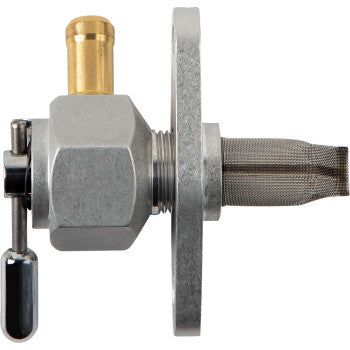 The Honda Power Flo™ Petcock Fuel Valve by Pingel is a billet aluminum valve with a brass inlet, mesh filter, and lever handle for precise fuel flow control in small engines or motorcycles.