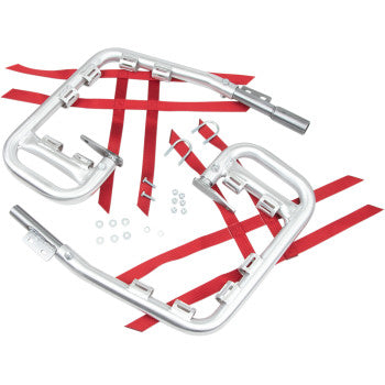 Silver metal nerf bars with curved tubular design and red nylon straps for Honda TRX 90 ATV.