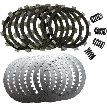 The Clutch Kit by EBC, featuring friction plates stacked above steel plates and several coil springs arranged to the right, is displayed on a white background.