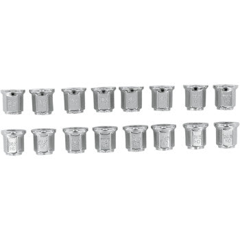The Lug Nuts Flat Chrome 12 mm x 1.25 16 Pack by Itp includes sixteen chrome nuts in two rows, each labeled for size—ideal for working with lug nuts on alloy wheels.