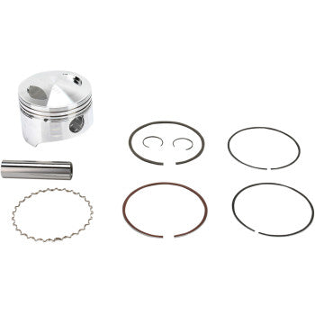 The Suzuki - Arctic Cat Piston Kit 66.00 mm by Wiseco includes a forged 4-stroke piston, piston pin, two circlips, and four rings—perfectly arranged to enhance engine performance.