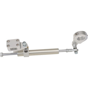 The Steering Stabilizer Silver 7 Way by Moose Offroad features billet aluminum mounting brackets and an adjustable rod, designed to reduce handlebar vibrations and enhance stability for your motorcycle.