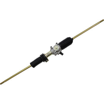The Steering Rack by Moose Offroad features a central metal gear housing, black rubber boots on each side, and gold-colored tie-rod ends extending from both ends.