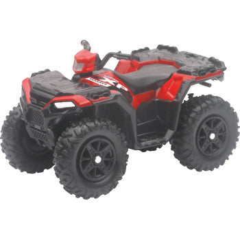 The Polaris Sportsman Mini XP1000 1:12 Scale Black/Red by New Ray Toys is a mini ATV with large rugged tires, detailed handlebars, and pull back motion. This realistic all-terrain toy is shown on a white background.