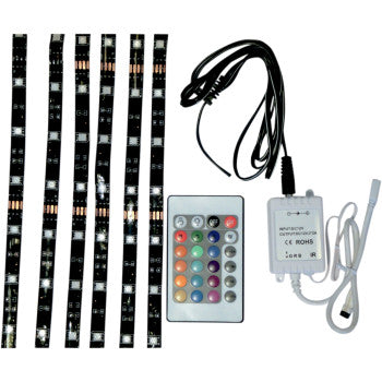The Brite-Lites LED Accent Light Kit Multicolor includes four 12V vehicle LED lights, a multi-colored LED strip, black power cord, remote control, white "RF CONTROLLER" box, and connecting cable displayed on a white background.