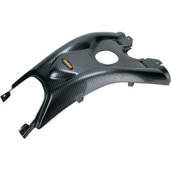 The Yamaha YFMR Tank Cover Black Carbon Fiber by Maier features a glossy finish, central circular cutout, mounting points, and a small colored logo, designed to OEM color-match your bike for a seamless look.