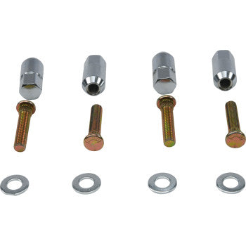 The Polaris Ranger Wheel Stud & Nut Kit Front by Moose Offroad displays four sets of silver hex nuts, gold wheel stud-like bolts, and silver washers in a row on a white background, perfect for wheel rebuilds.