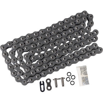 The 520 SRX2 Drive Chain 110 Links by Ek includes a connector link, two metal pins, two black O-rings, and lubricant—ideal as a competition or OEM replacement. Displayed on a white background.