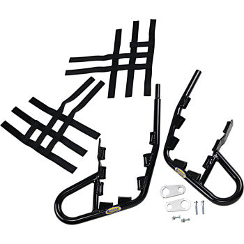 The Honda TRX Nerf Bars EX Black by Motorsport Products includes two black metal nerf bars with foot pegs, matching black webbing straps, EZ-fit clamp brackets, and all mounting hardware displayed on a white background.