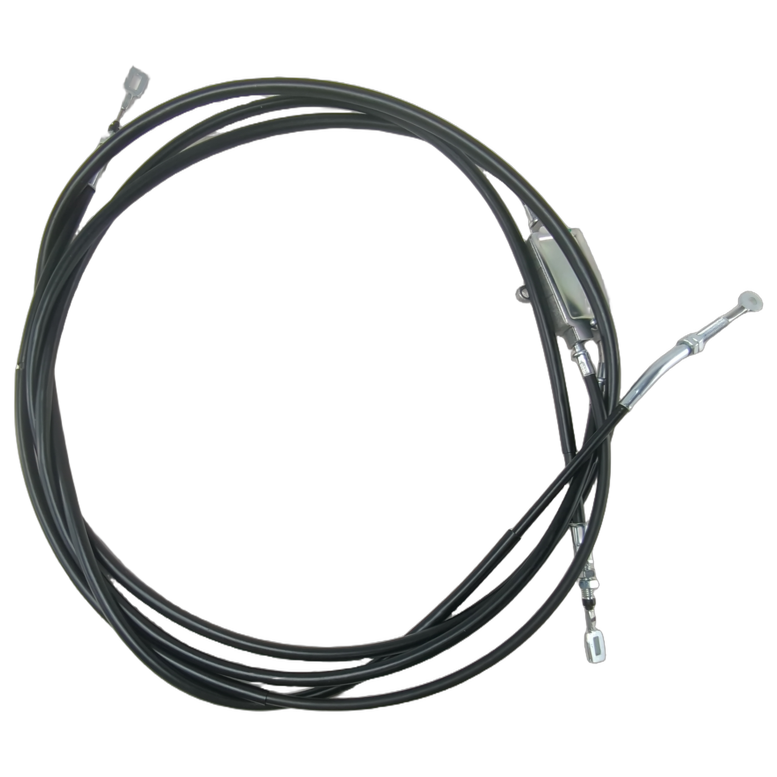 Black flexible parking brake cable with metal connectors on both ends for offroad UTV use.