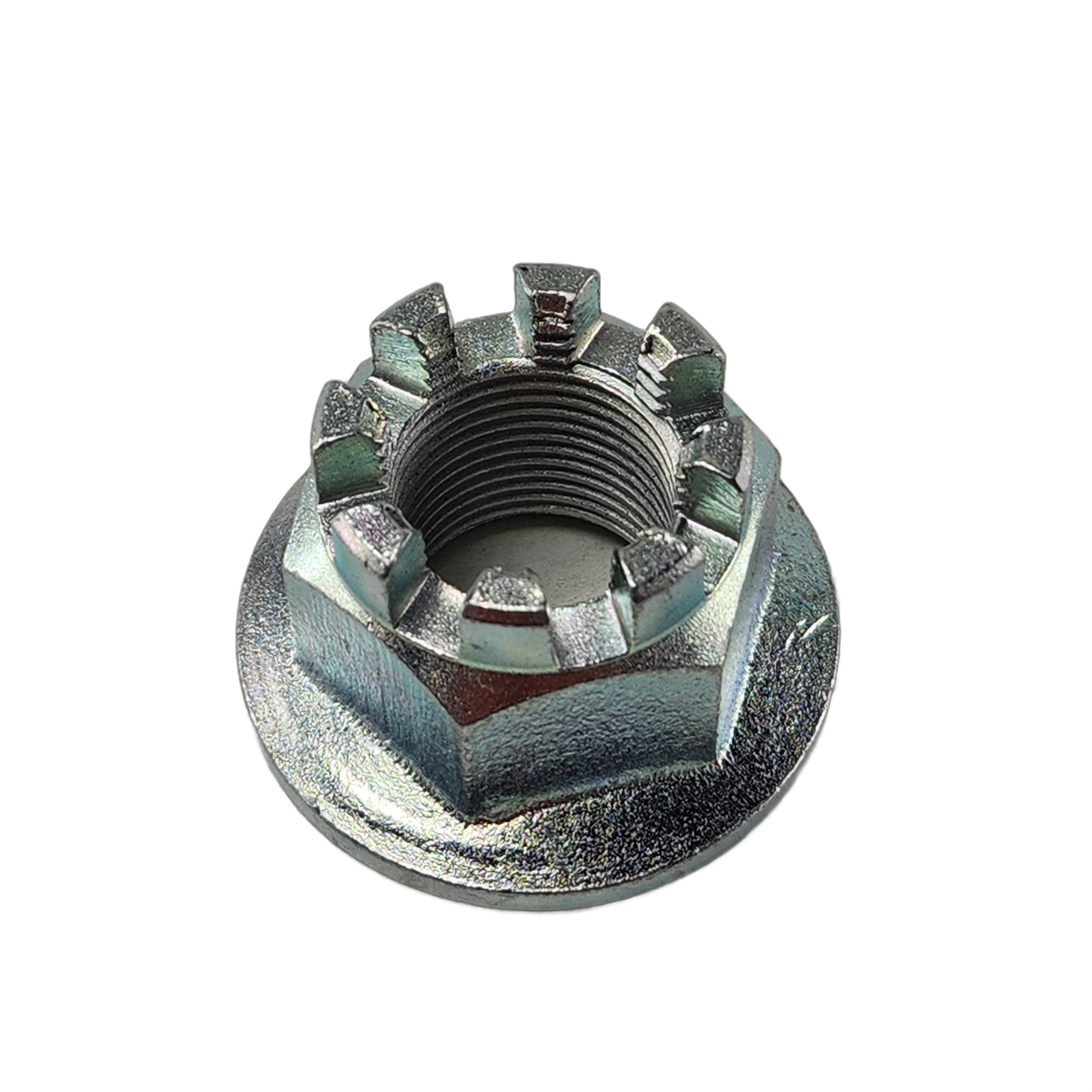 A close-up of a Hex Flange Nut M20 by CF Moto, an OEM off-road part for CF-Moto UTVs with a flanged base and top slots for a cotter pin, shown against a white background.