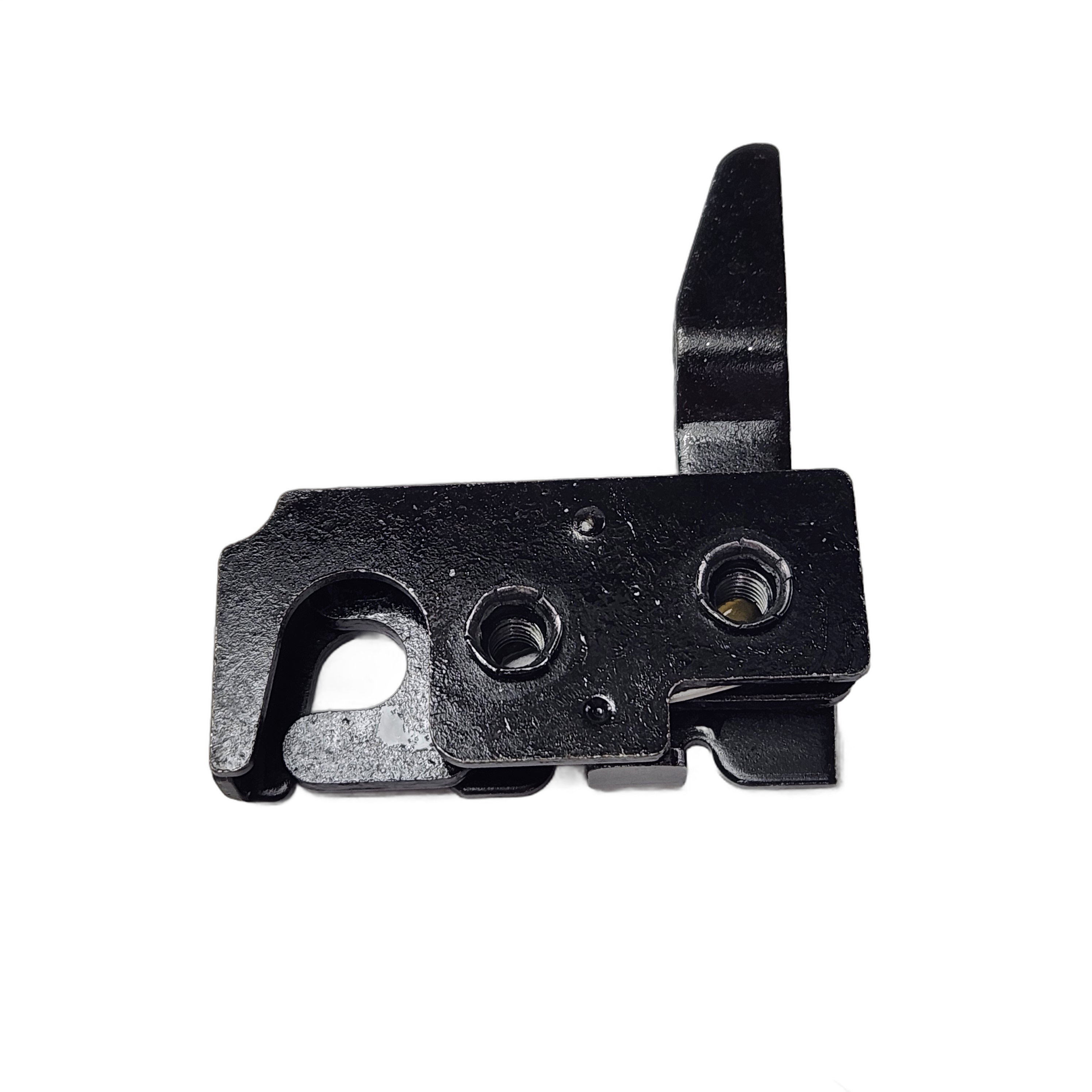 Black metal Lock Tailgate RH by CF Moto for UTVs, OEM 5HY0-222070. Features two holes, a protruding lever, and a textured surface with minor wear. Shown against a plain white background.