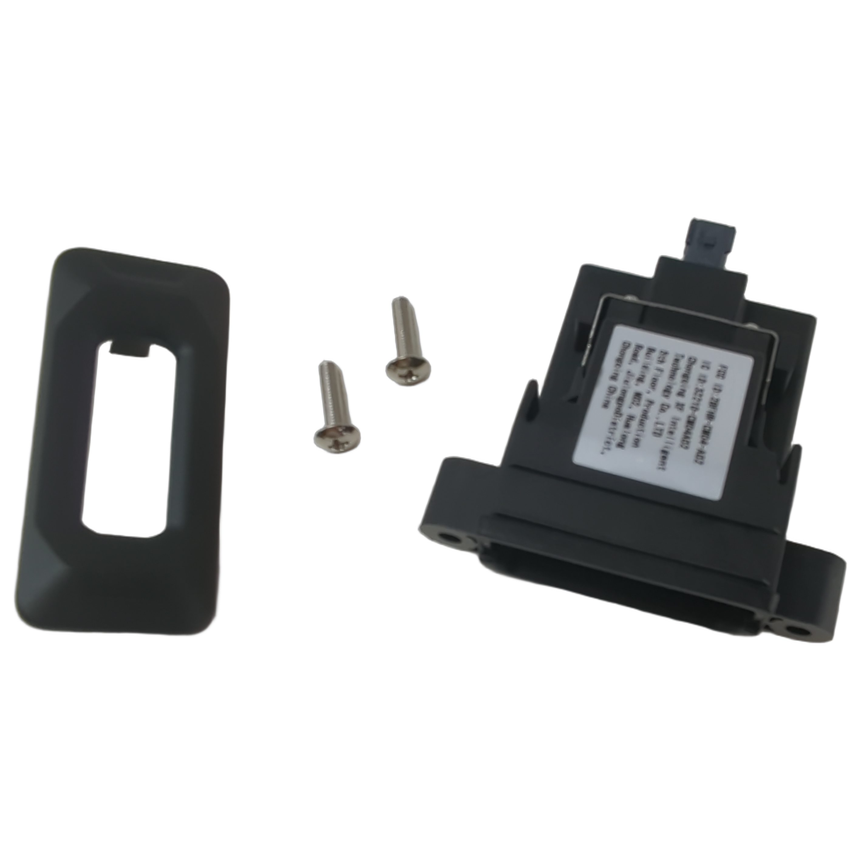 Black rectangular NFC key reader module with a small connector, a matching black plastic mounting cover, and two silver.