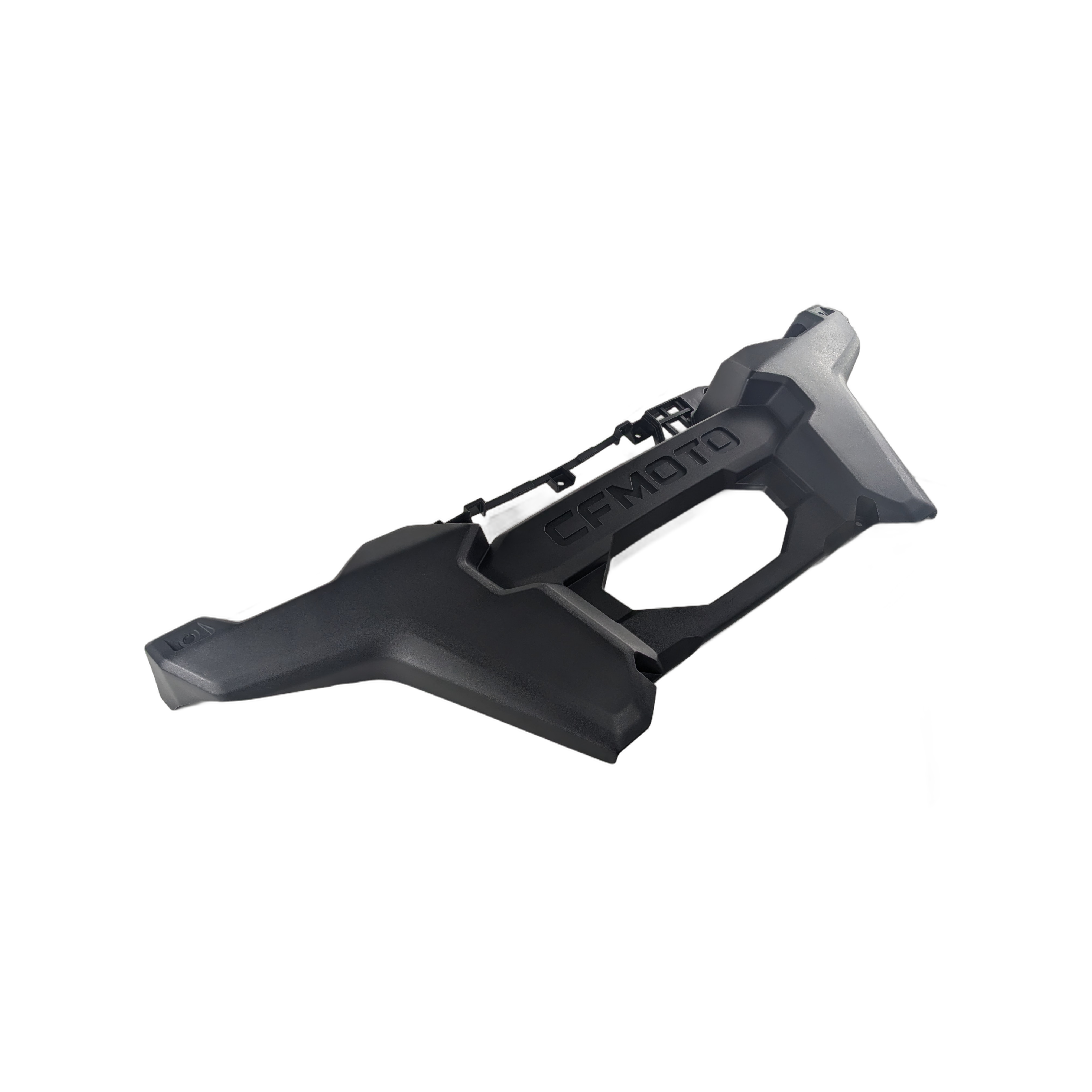 The Panel Front Bumper by CFMOTO, made of black plastic with OEM 5HYV-041011-1C00 embossed, features rugged angular styling—ideal for off-road UTVs—and is photographed on a white background.