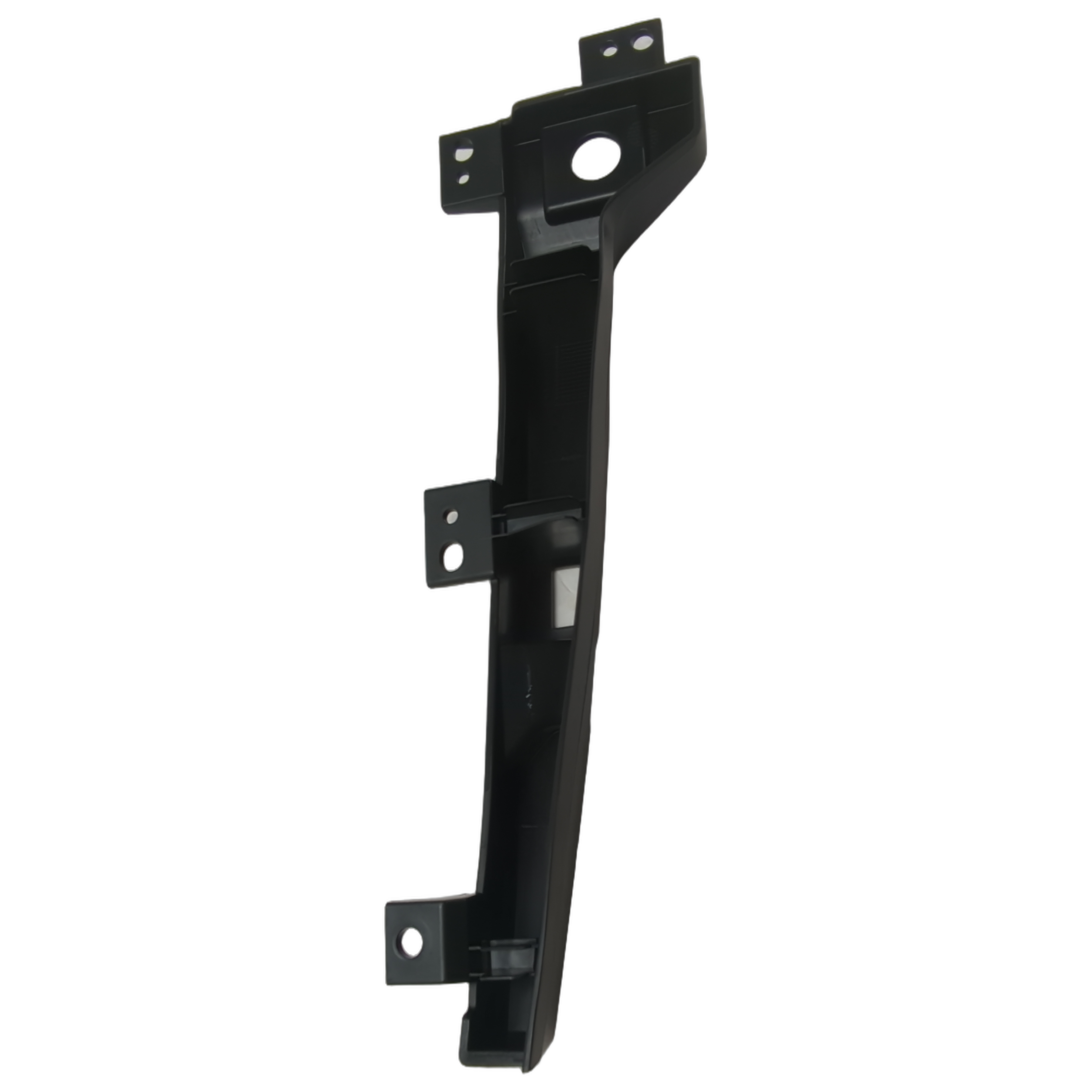 Black plastic front left position light bracket with mounting holes and curved design.