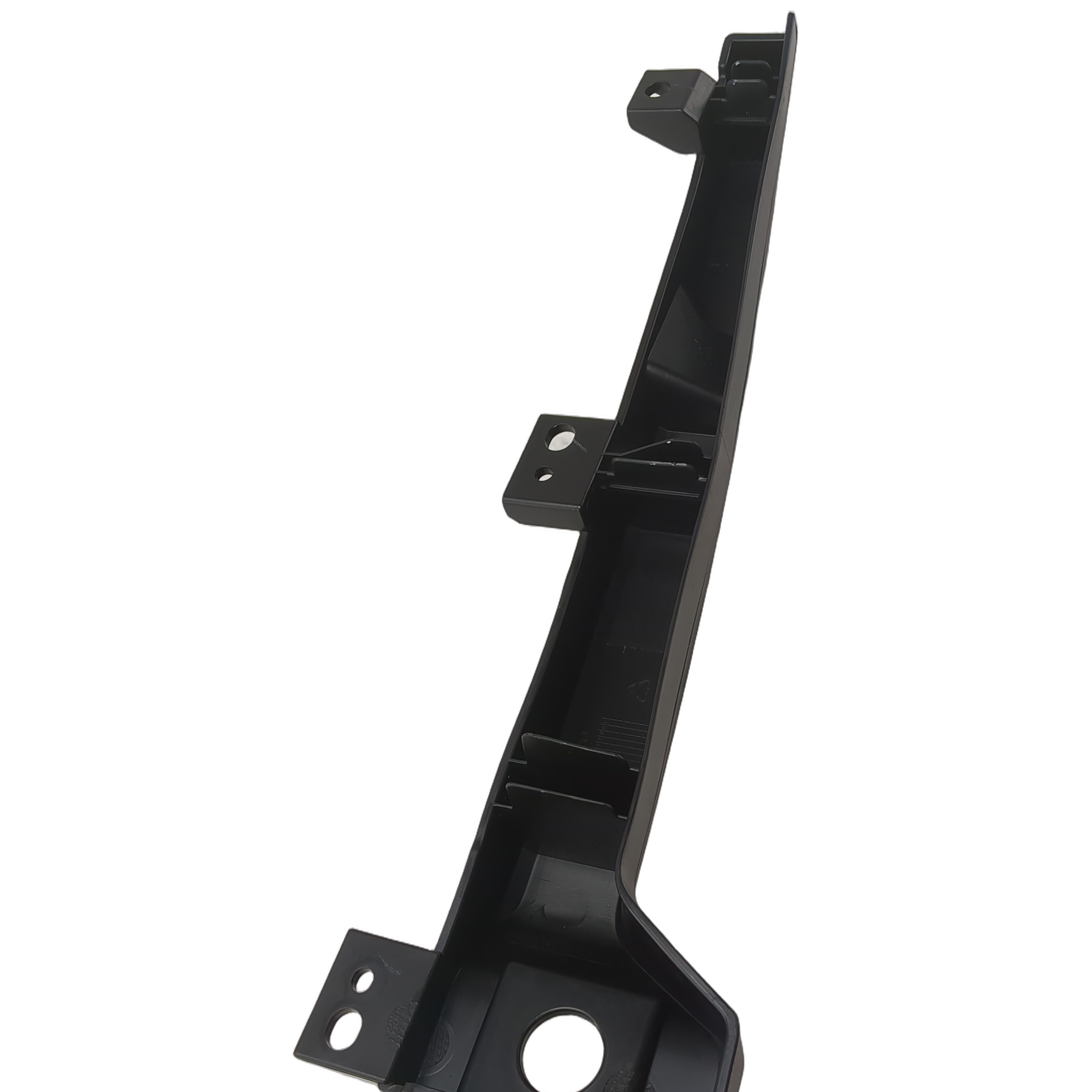 Black molded plastic front position light bracket with mounting holes and angled design.