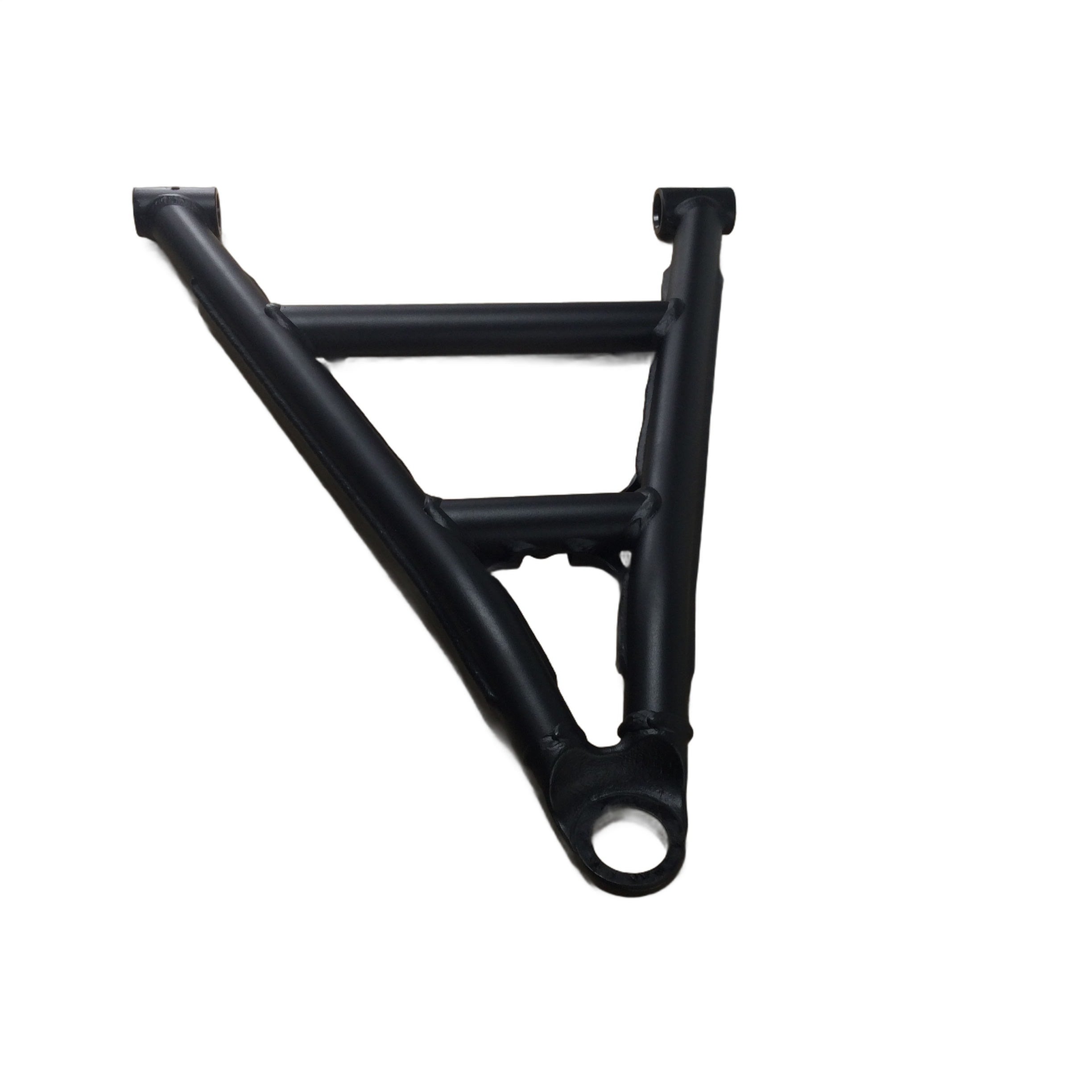 Black metal swing arm with triangular frame and circular mount for front lower right side of UTV.