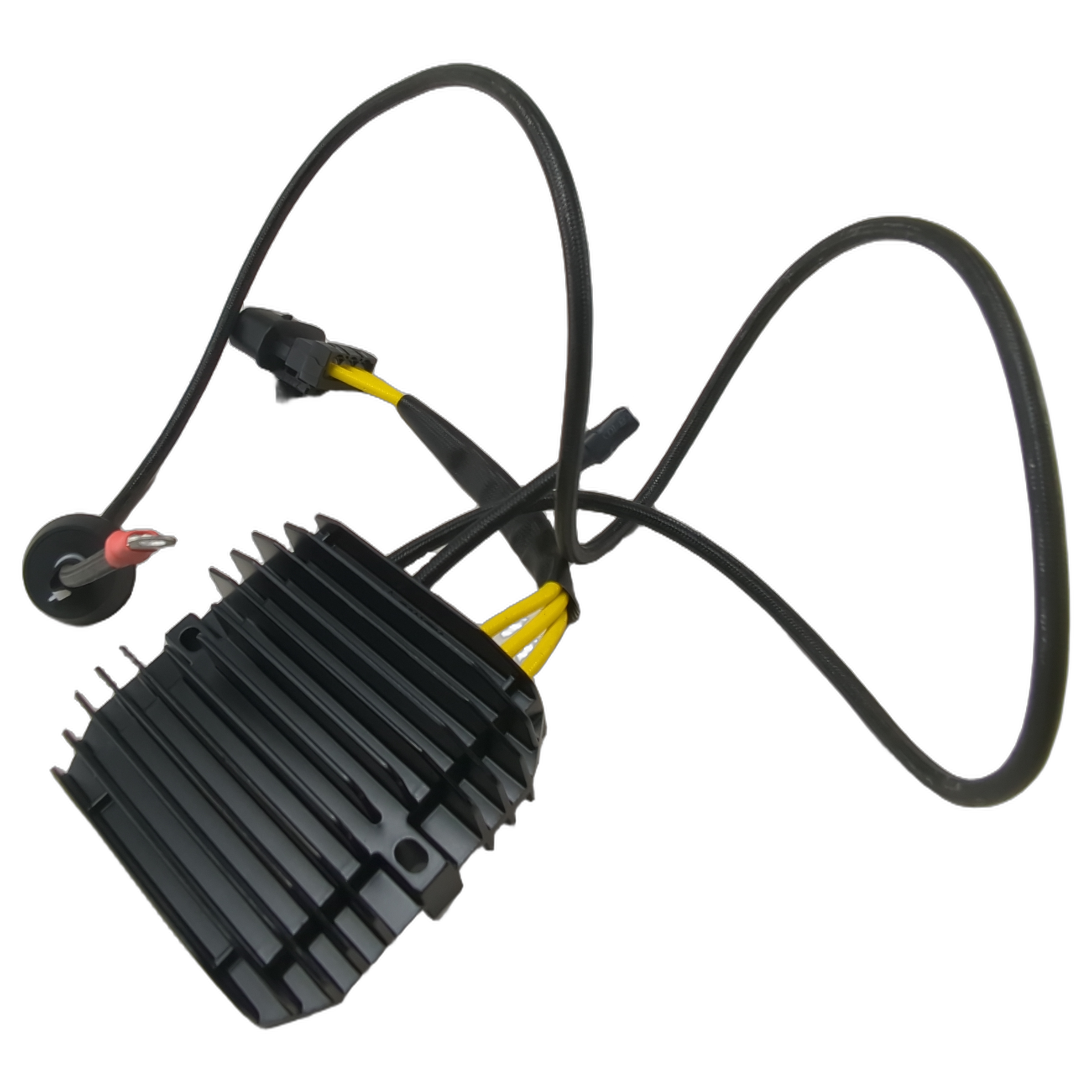 Black finned aluminum Voltage Regulator / Rectifier with attached yellow and black wires and connectors.
