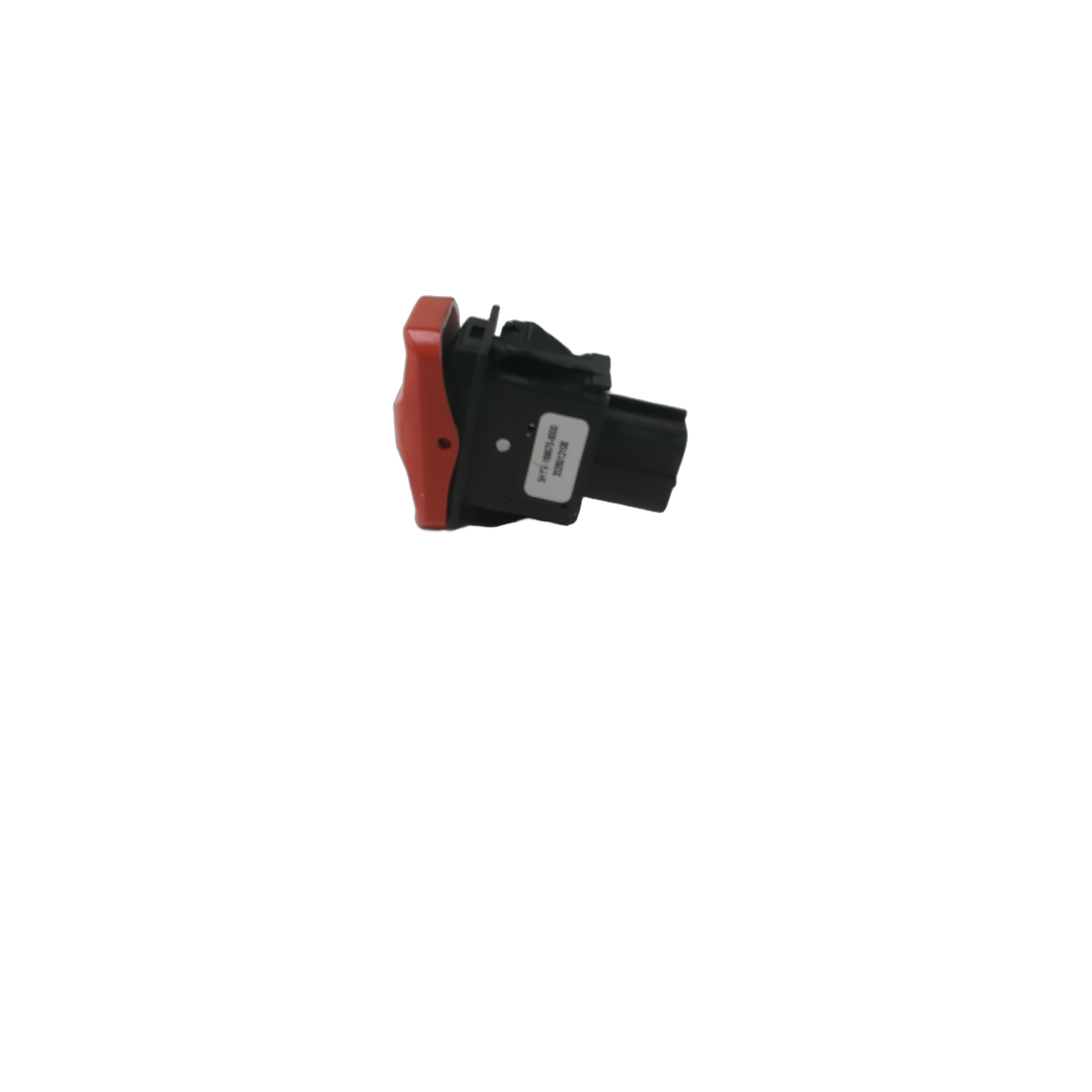 Compact black hazard switch with a red rocker button and rectangular connector plug.
