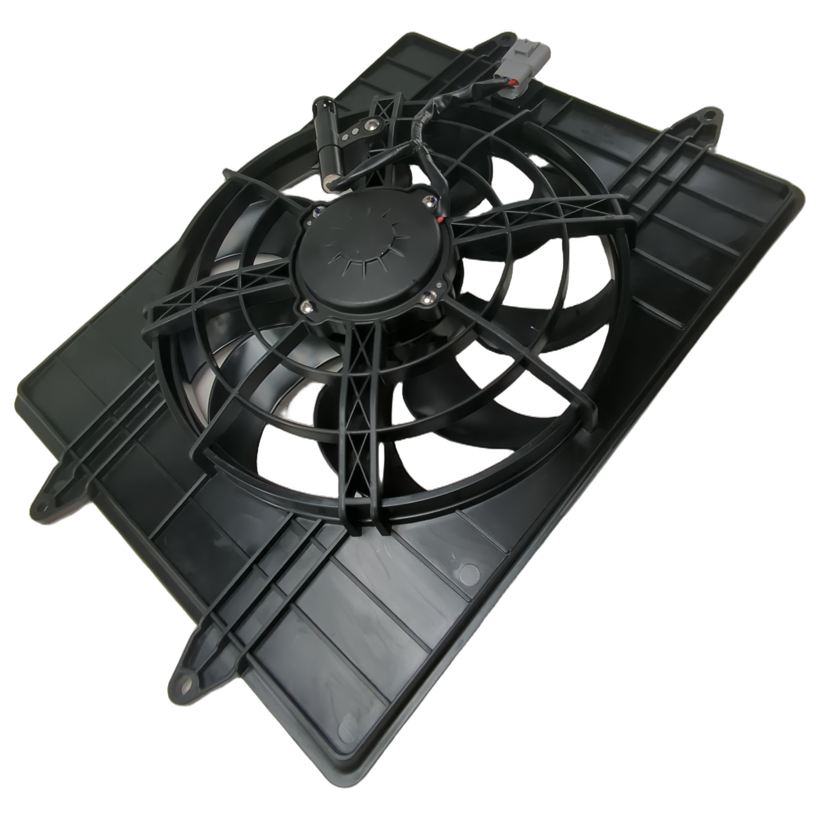 Black plastic cooling fan assembly with circular blades and rectangular mounting frame.