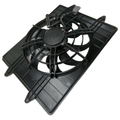 Black plastic cooling fan assembly with circular blades and rectangular mounting frame.