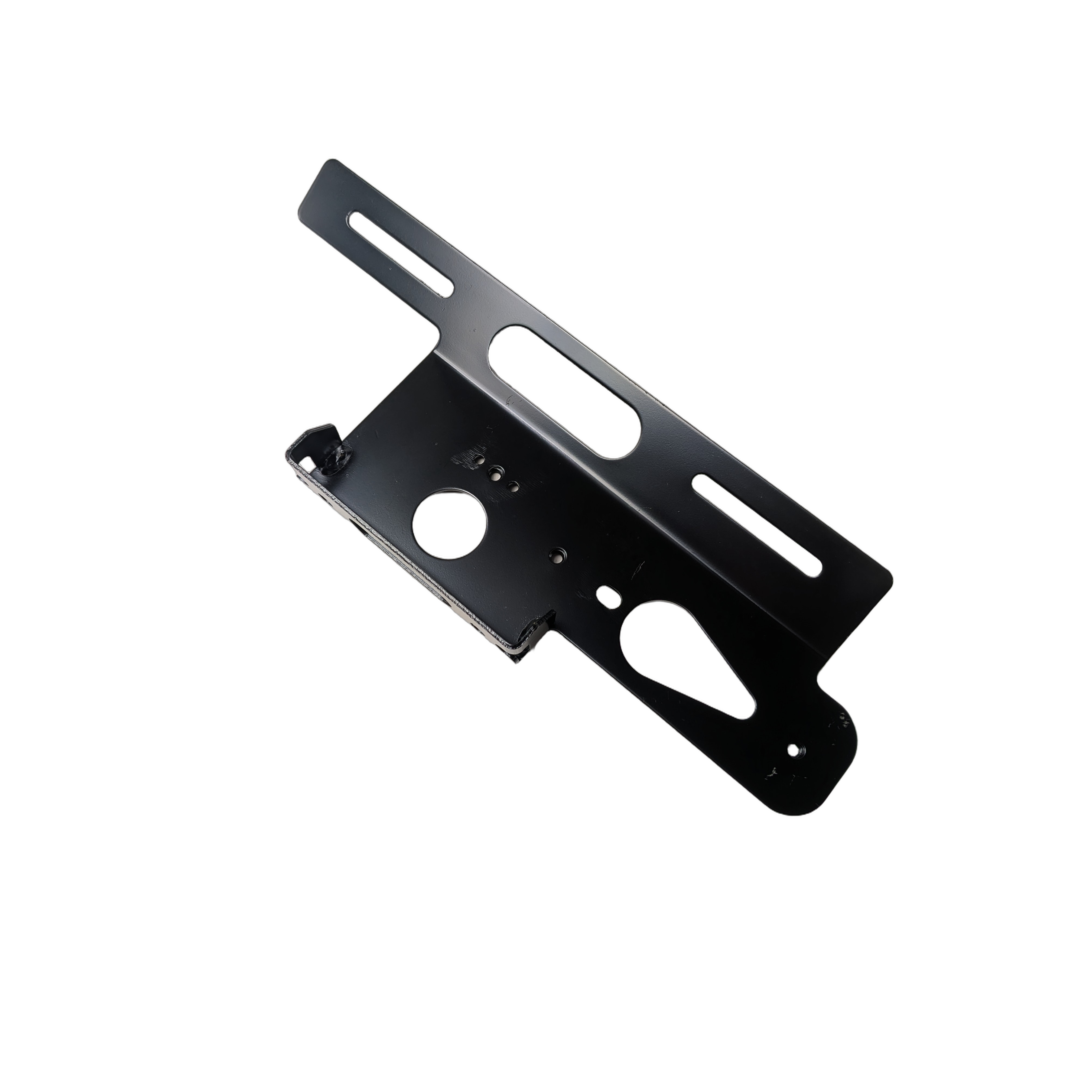 Black metal rear license plate bracket with multiple mounting slots and holes for UTV attachment.