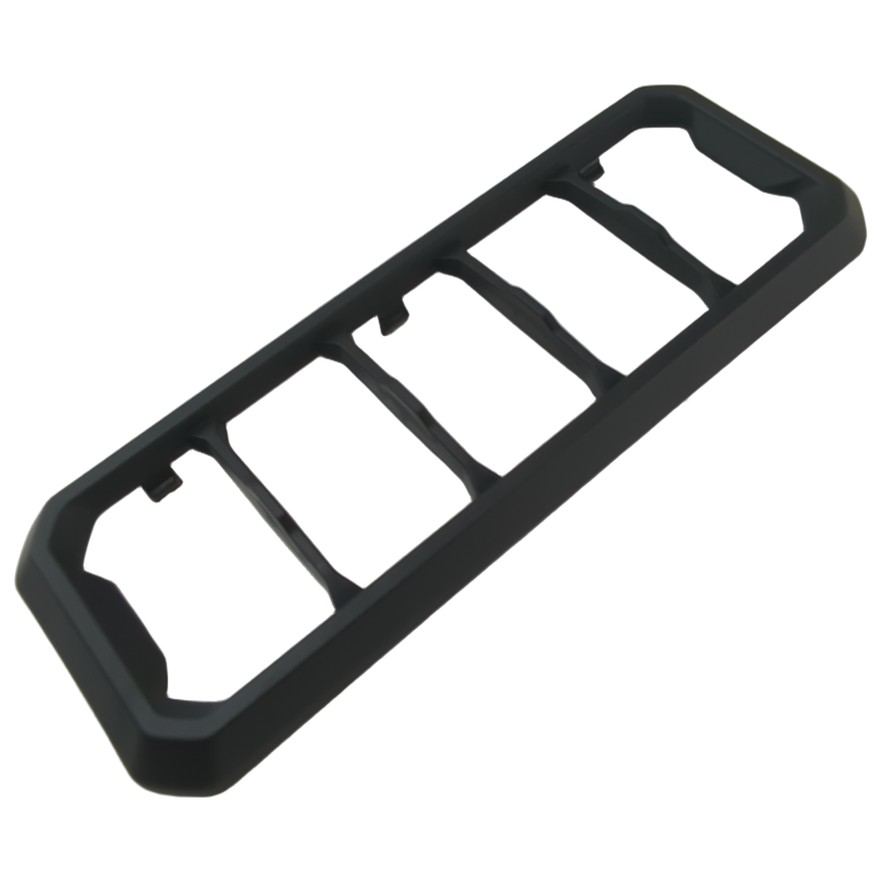 Black rectangular plastic switch cover with five evenly spaced cutouts and rounded edges.