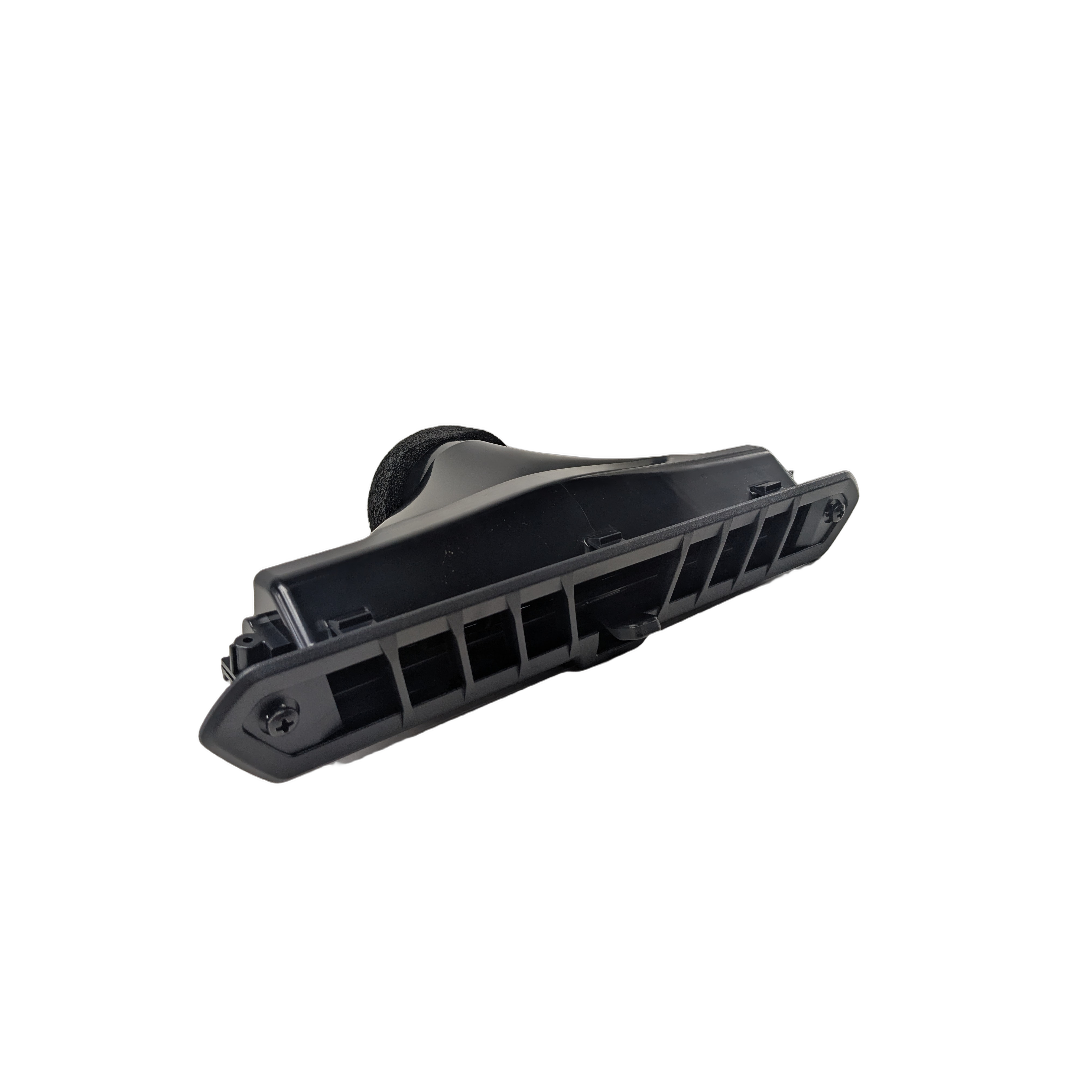 Black plastic air conditioner defrost vent with angled slats and mounting features.