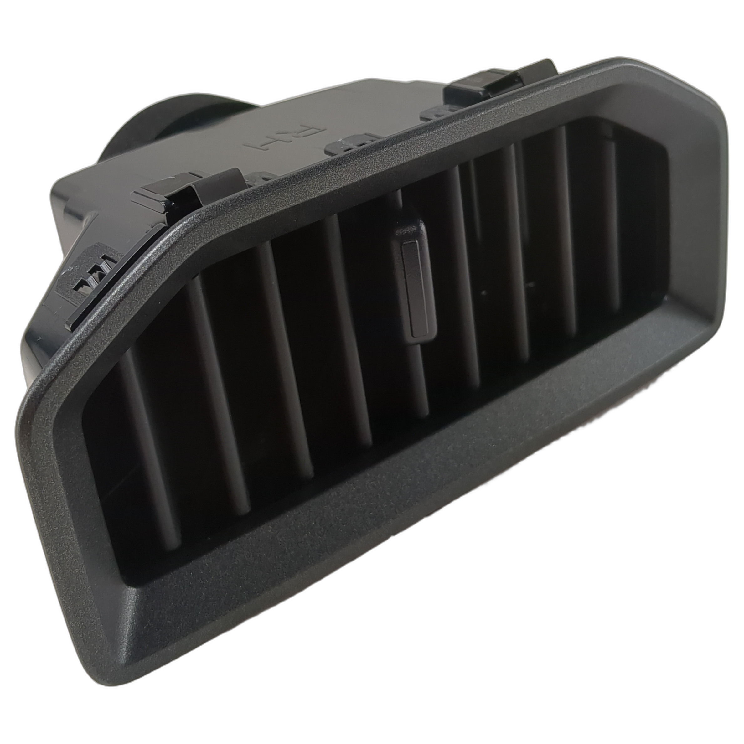 Matte iron grey plastic air conditioner duct with vertical slats and angled rectangular shape.