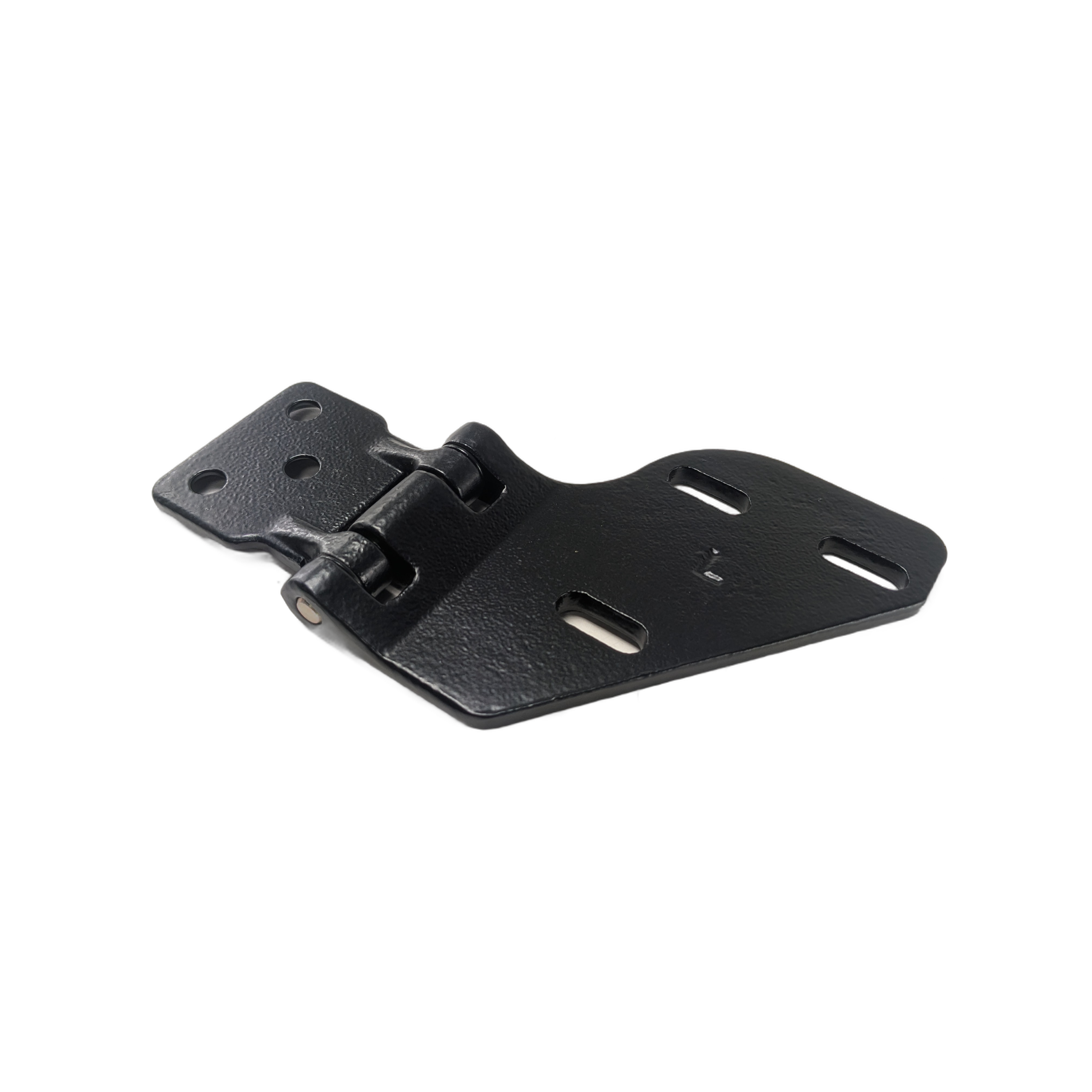 Black metal front left door upper hinge with a pivot joint and multiple mounting holes.