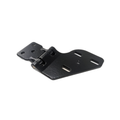Black metal front left door upper hinge with a pivot joint and multiple mounting holes.