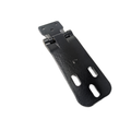 Black metal front left door lower hinge with dual slotted mounting holes and a hinged joint design.