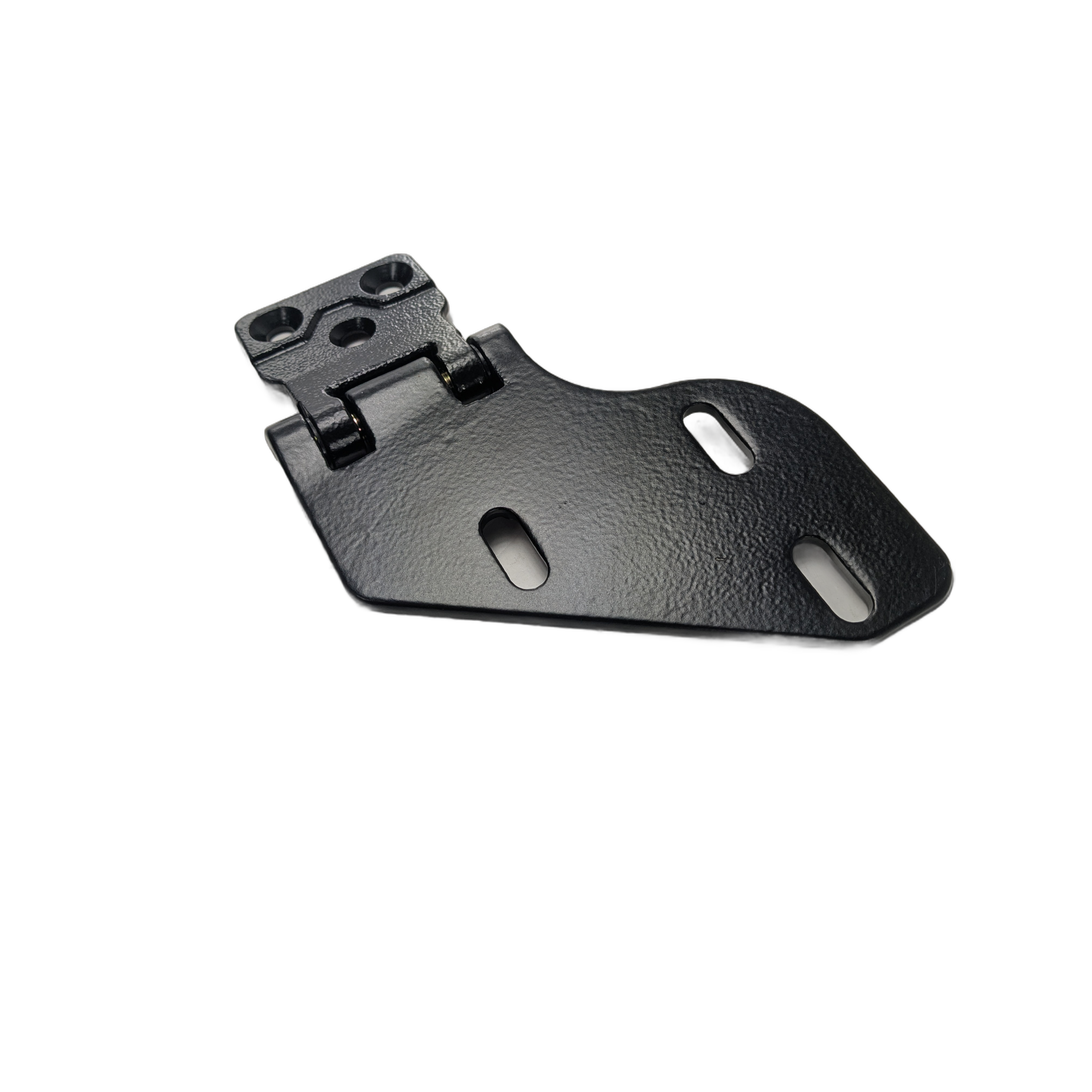 Black metal front right door upper hinge with three mounting holes and a pivot joint.