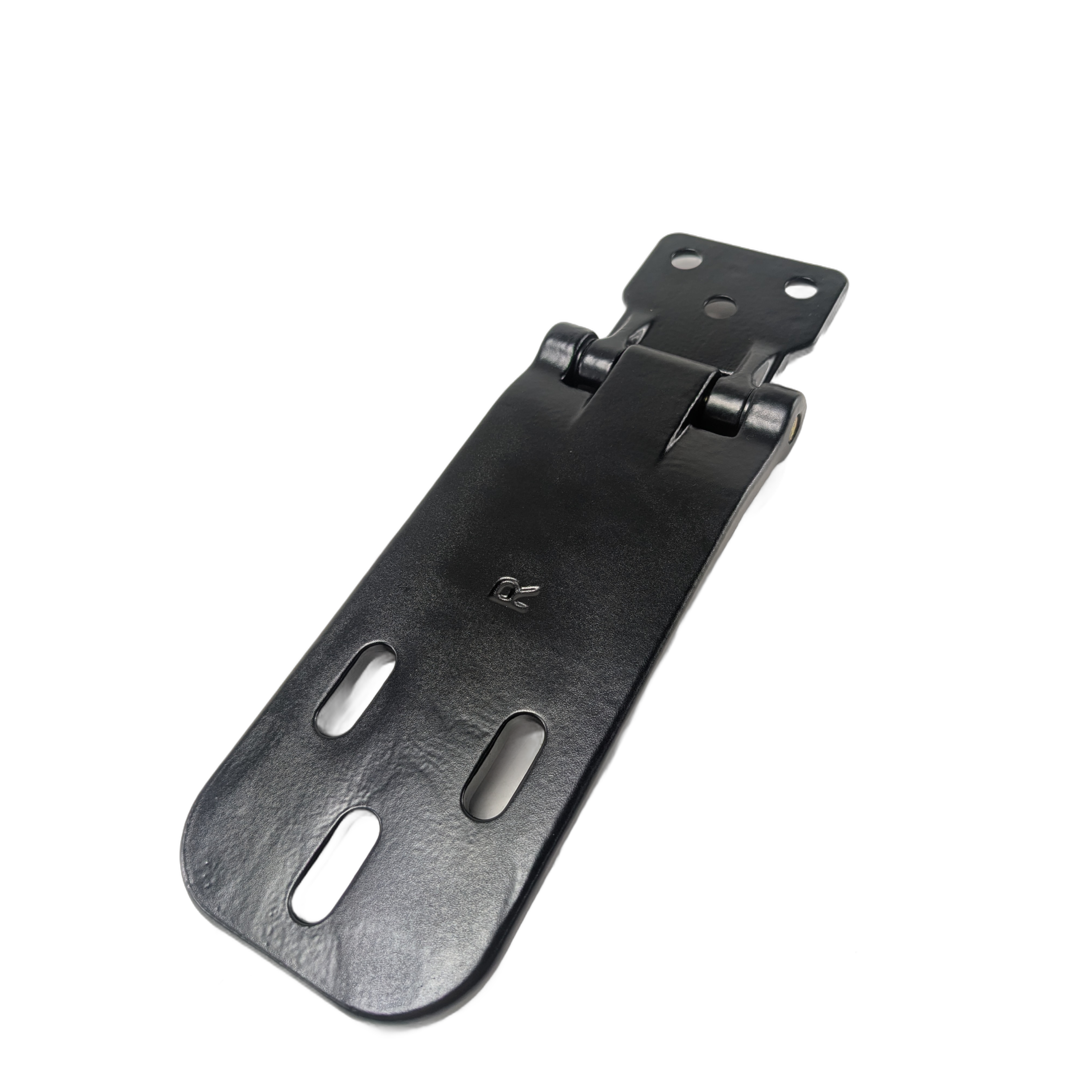 Black metal front right door lower hinge with two pivot points and multiple mounting holes.