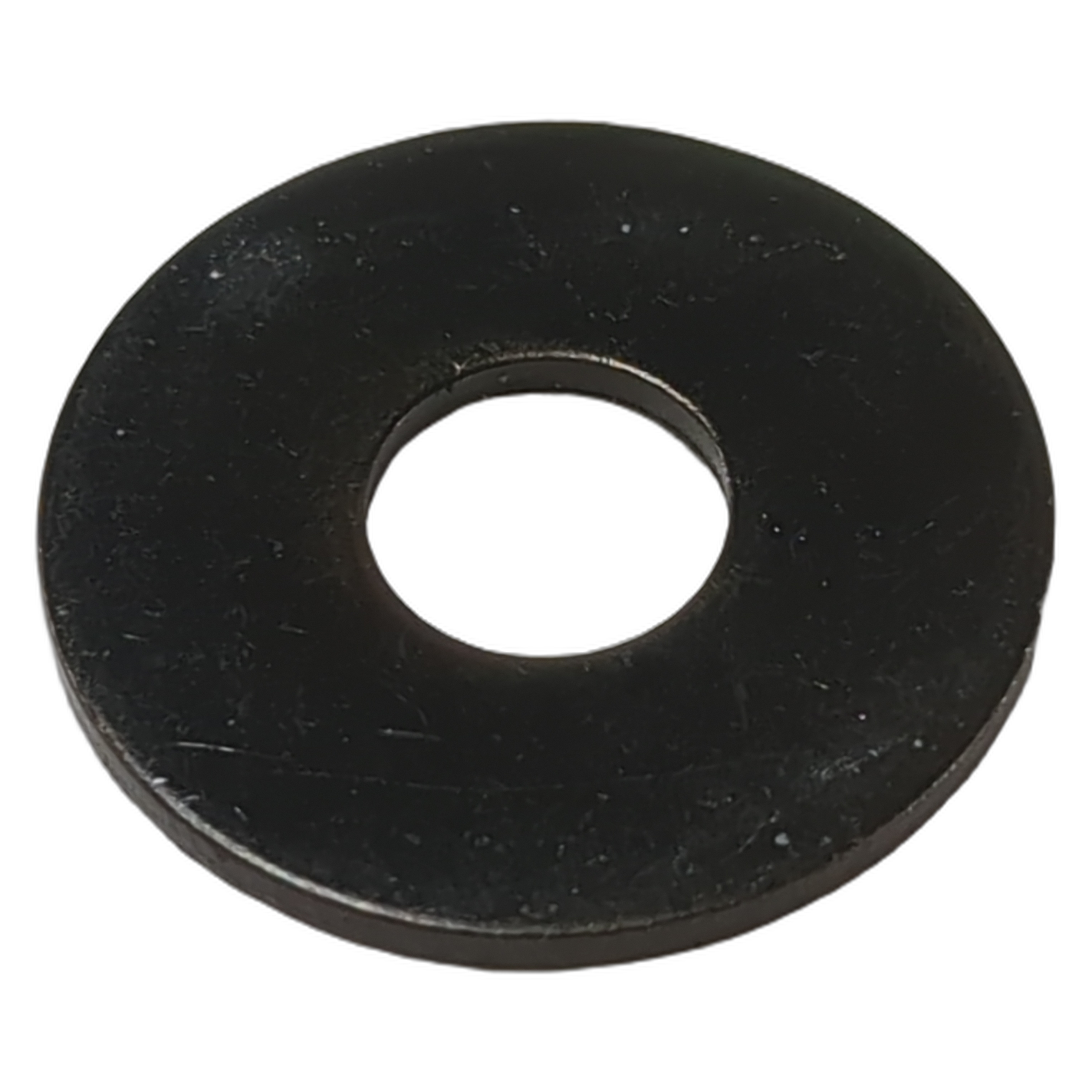 Black flat circular washer with smooth surface and central hole.