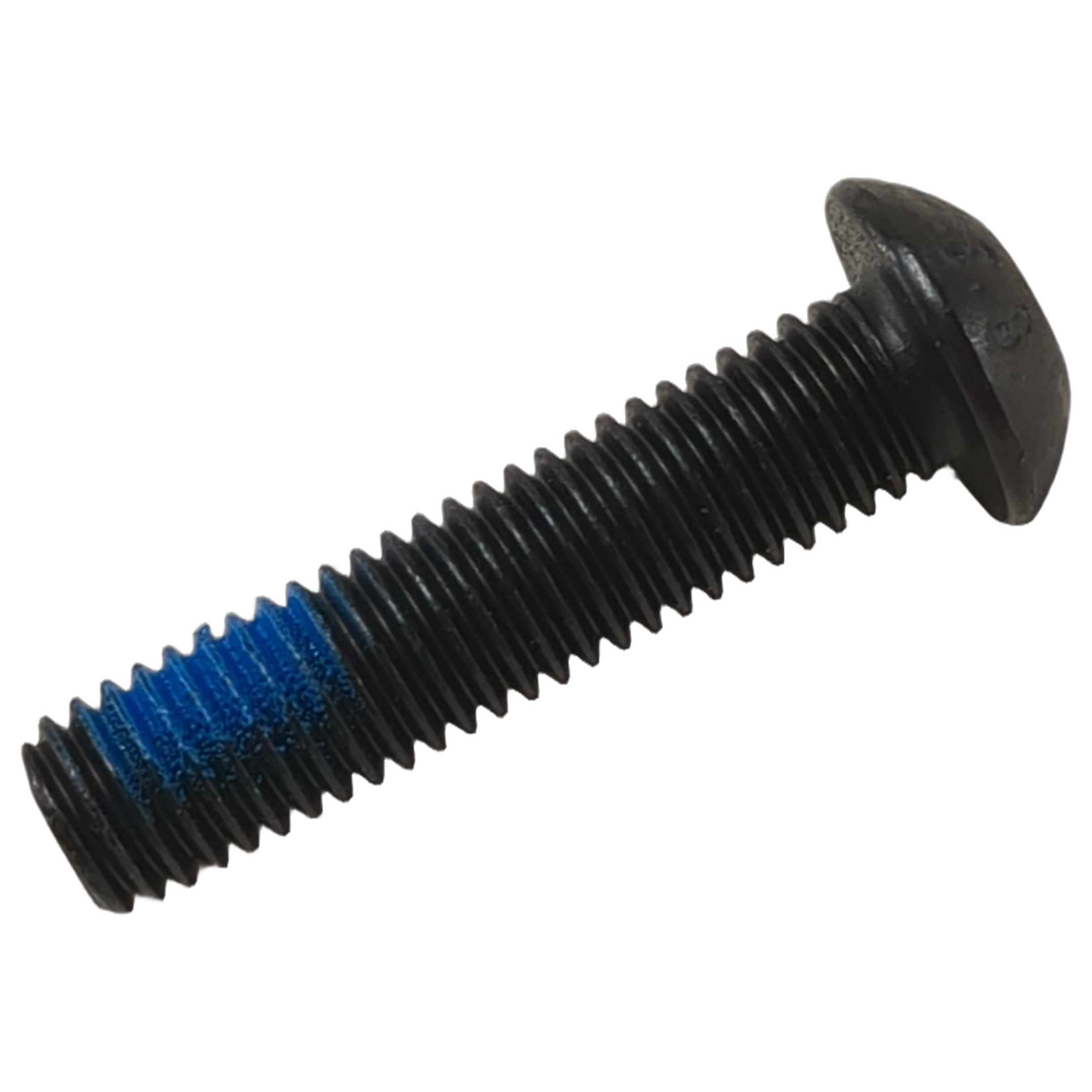 Black metal screw with a rounded head and blue thread-locking compound on the lower threads.