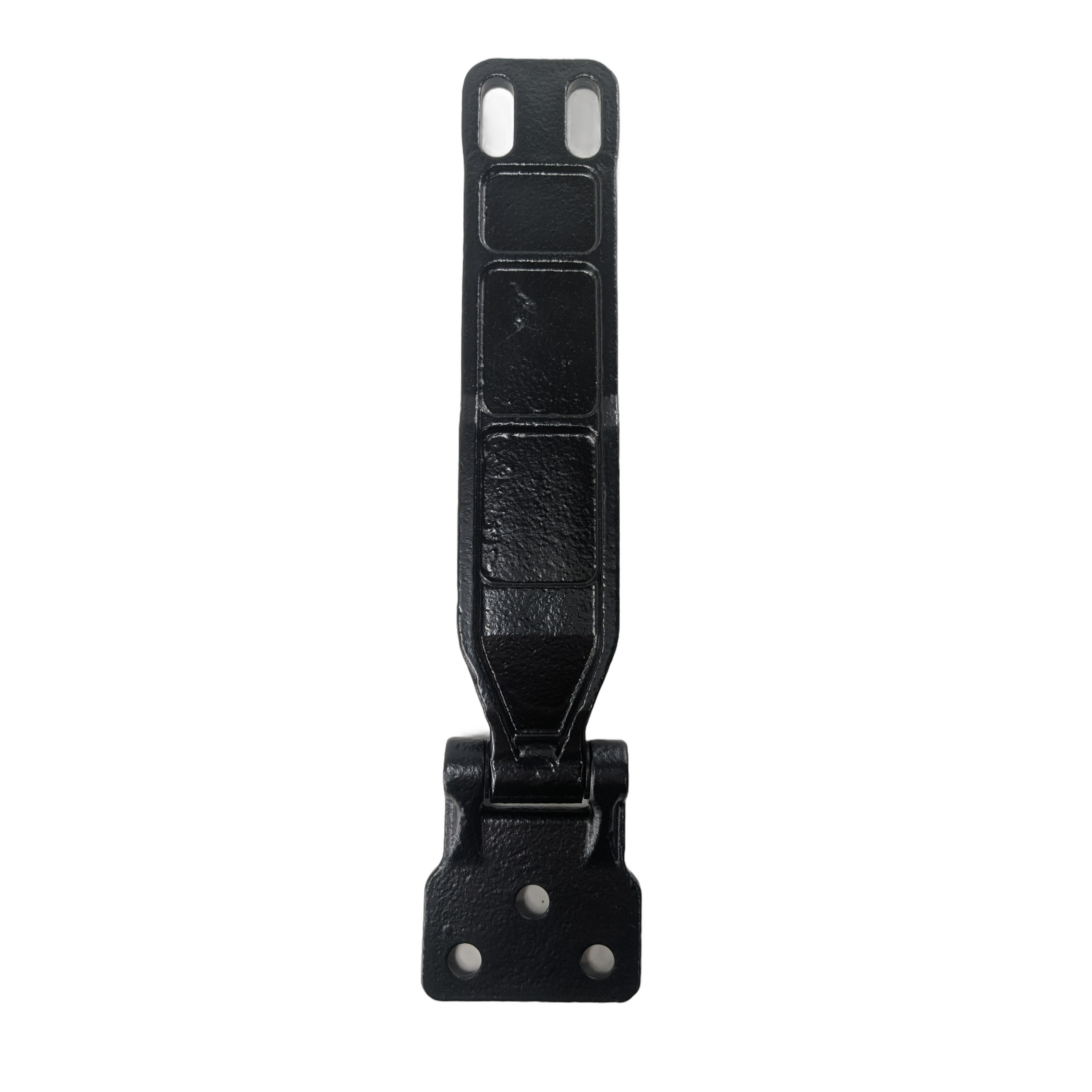 Black metal side door connecting plate with hinge and four mounting holes.