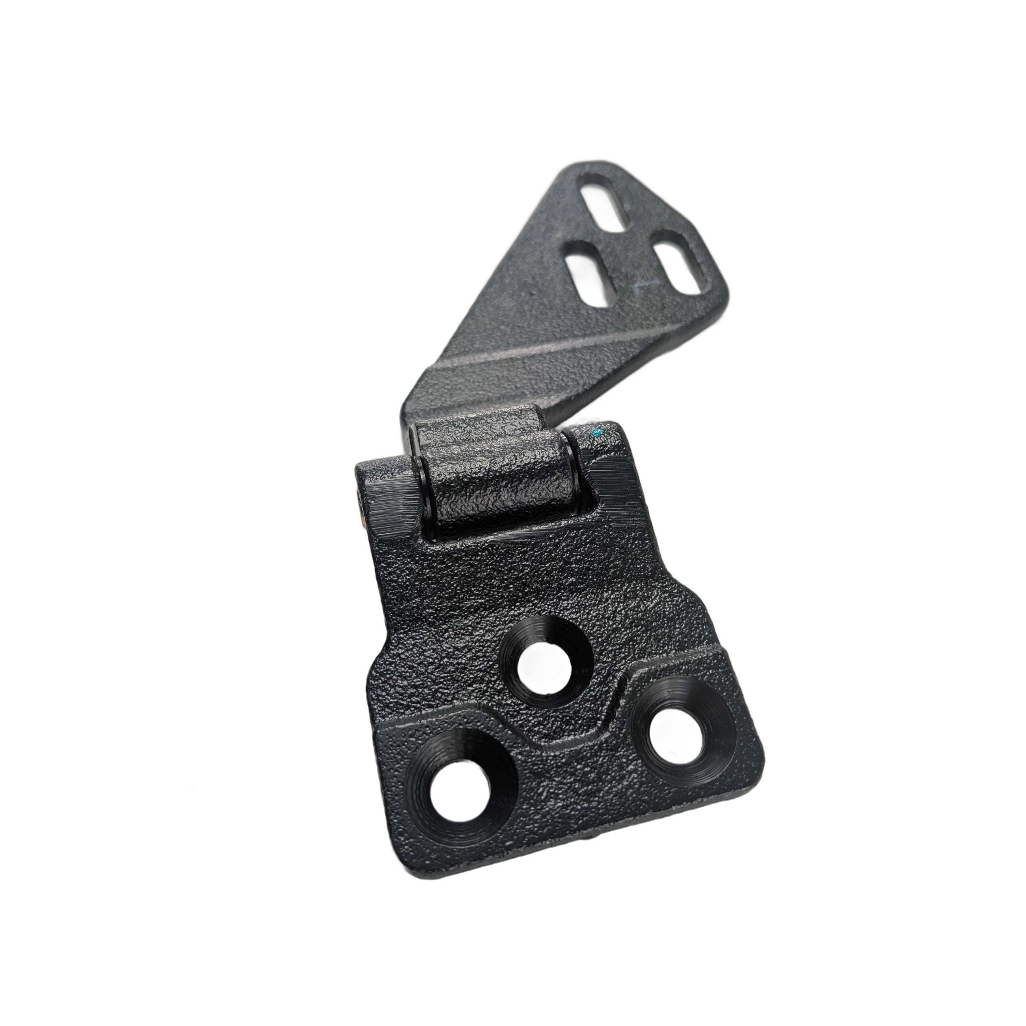 Black metal rear left door upper hinge with multiple mounting holes and a pivot joint.