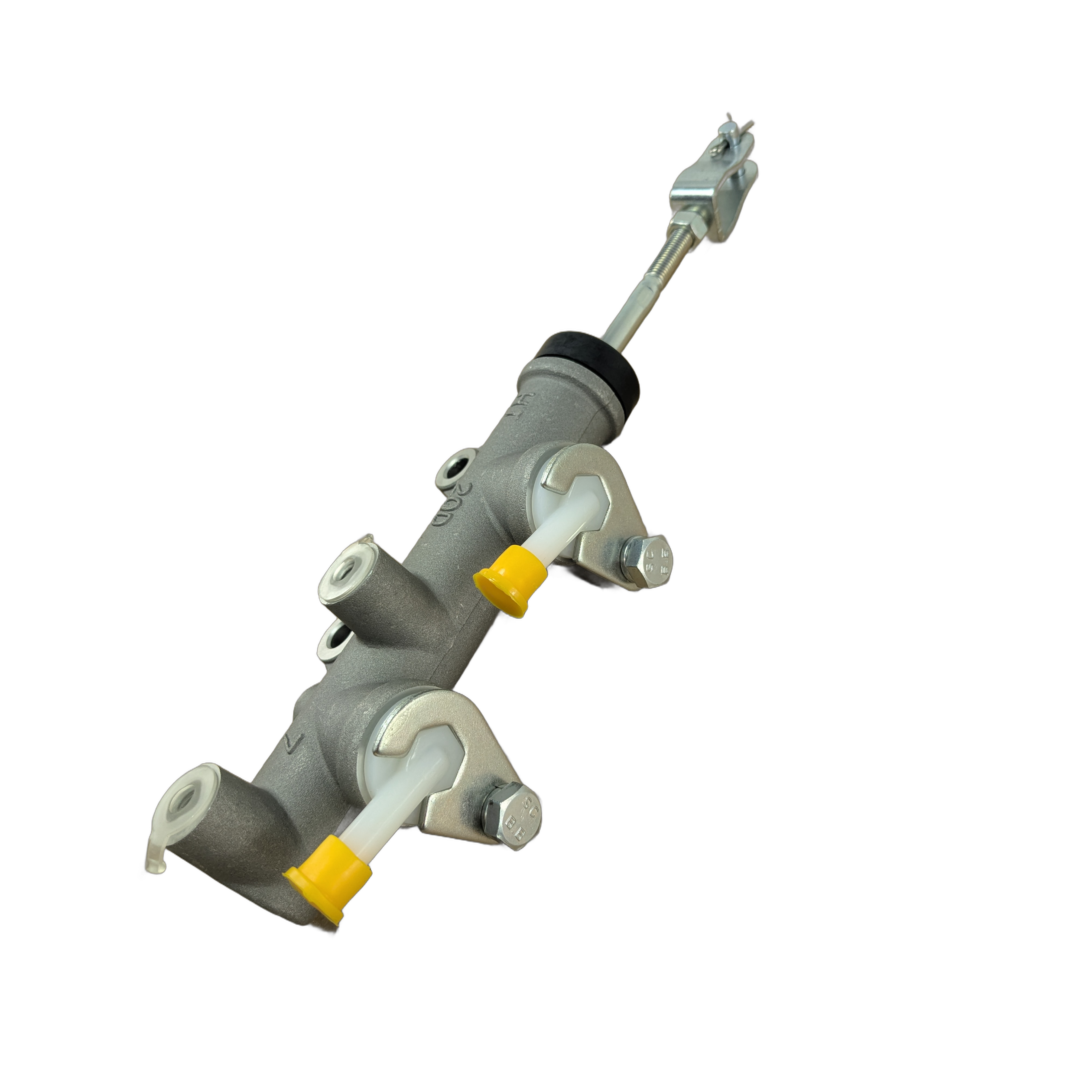 The Master Cylinder by CFMOTO, OEM part 5SYV-081100-6000, features a metal body, three yellow-capped ports, and an extended rod—perfect for CFMOTO UTV parts—shown on a white background.