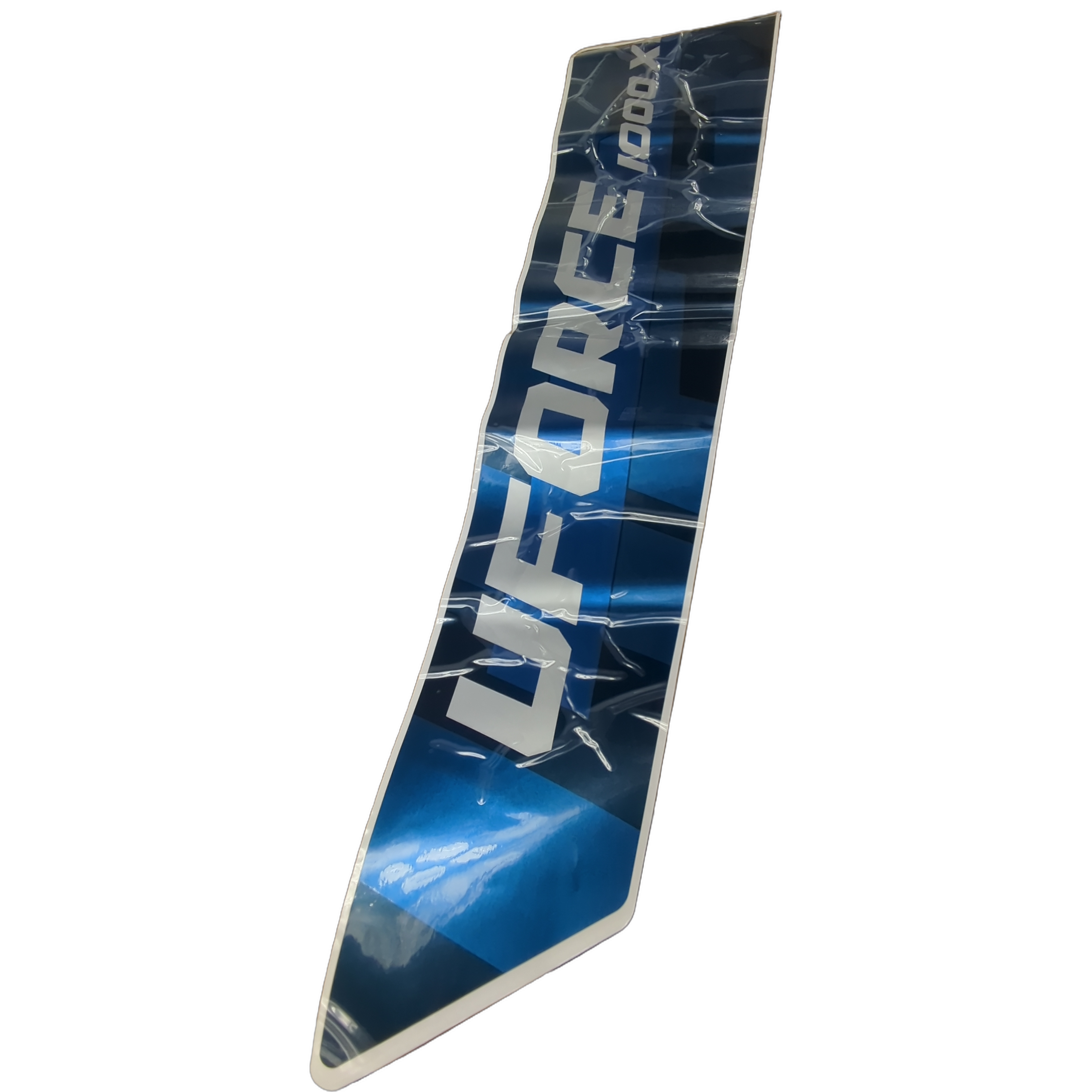 Blue and black angled cargo box decal with white "UFORCE 1000 X" text and geometric pattern.