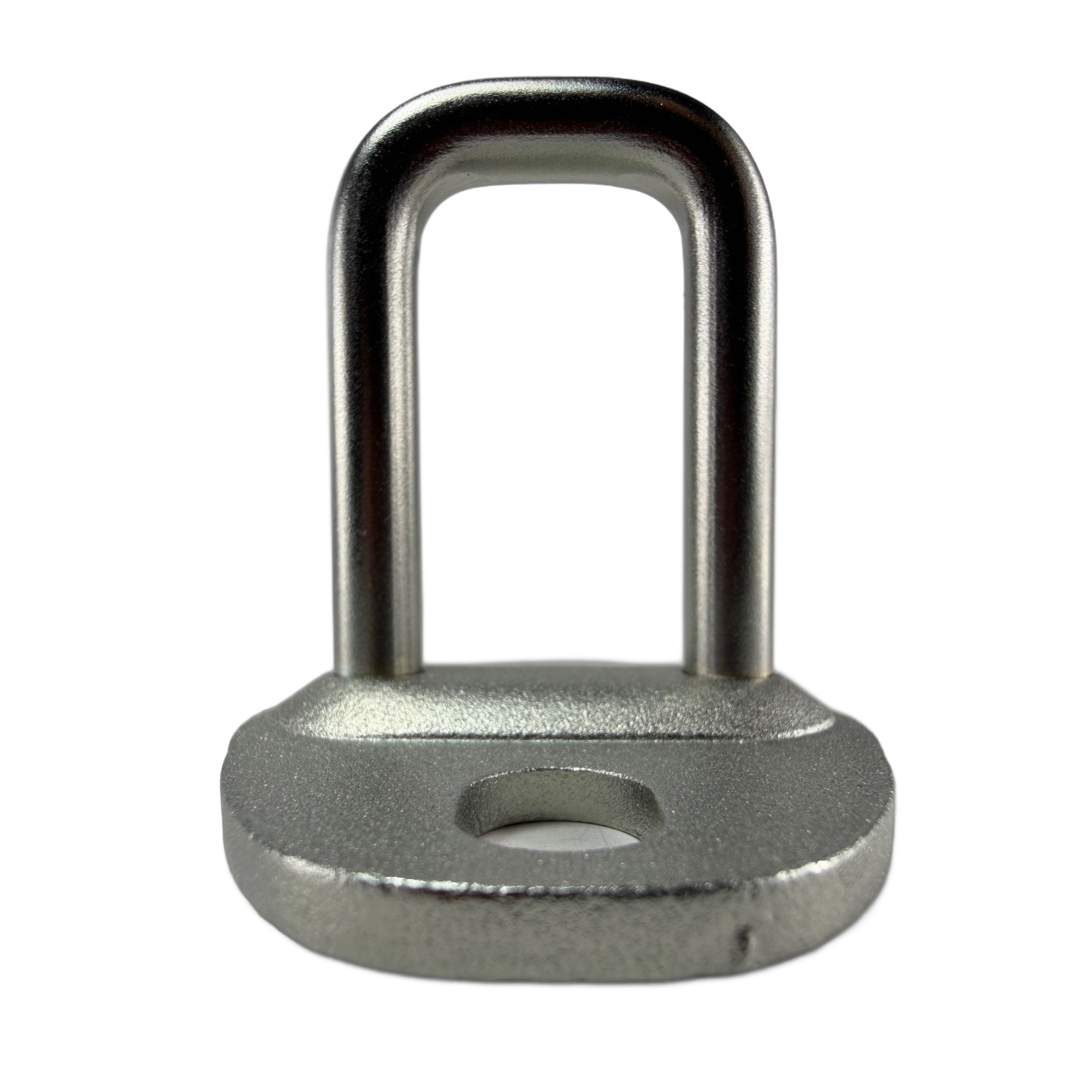 Metal rear left-hand door latch with a sturdy rectangular loop and flat base plate with mounting hole.