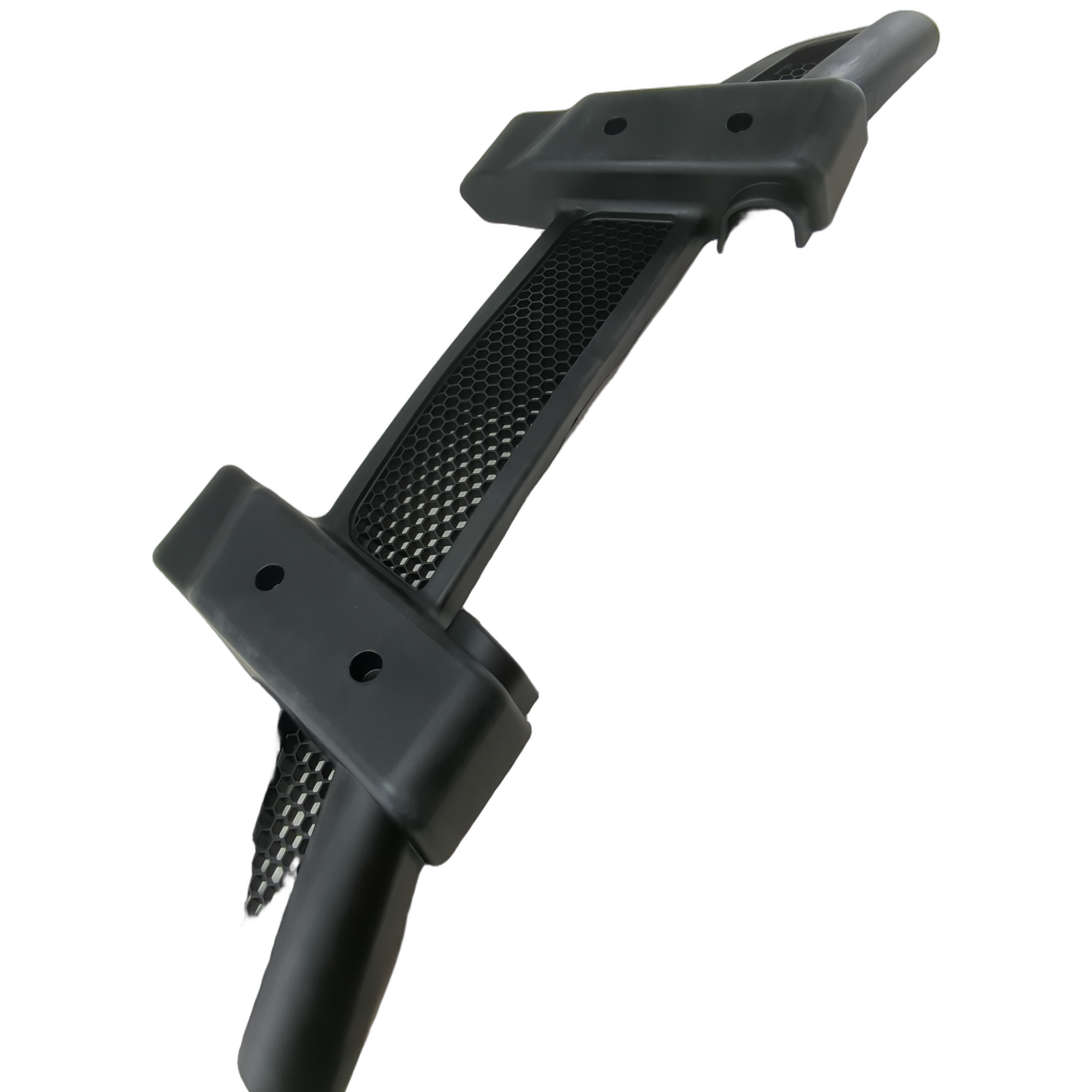 Black plastic and mesh ventilated cover with mounting brackets designed for Yamaha Rhino UTVs.