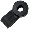 Black rubber exhaust pipe hanger with a split circular clamp and flat mounting base.