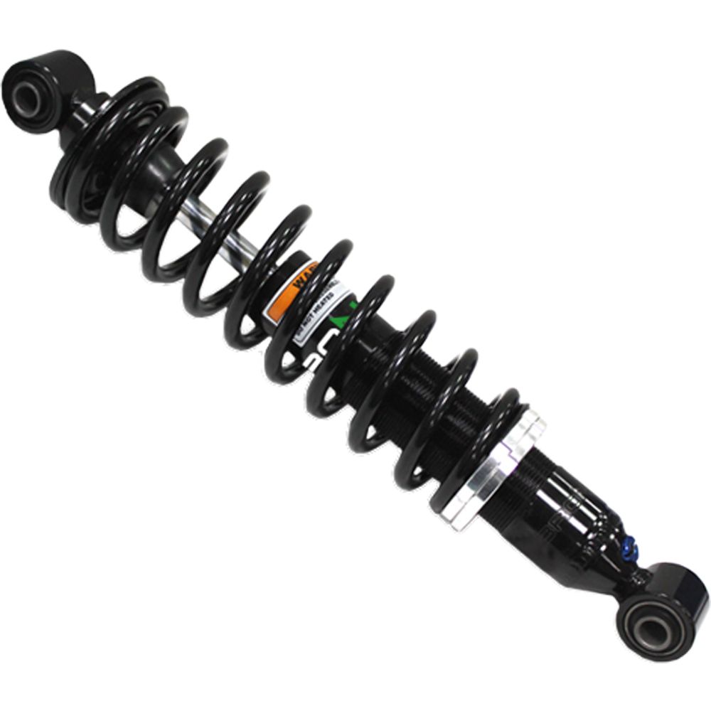 The Yamaha Big Bear/Kodiak UTV/ATV Front Gas Shock by Bronco is a black and silver shock absorber with a coiled spring, dual mounting points, and adjustment rings for improved suspension performance.